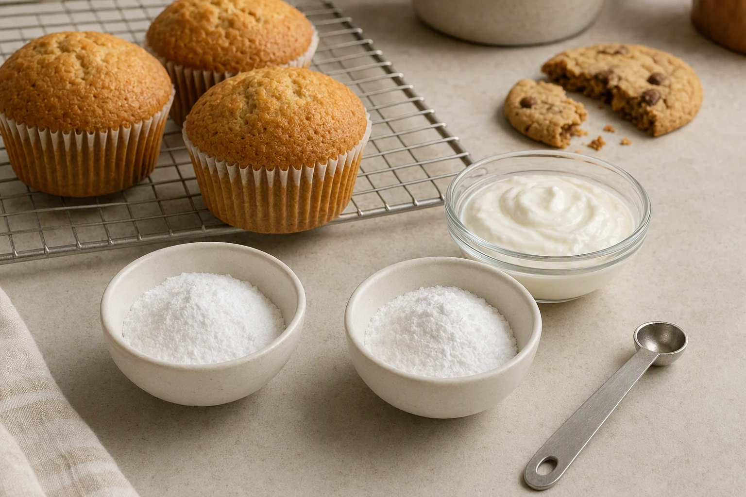 Tigelas com pós brancos e colher-medida ao lado de iogurte, muffins e um biscoito em uma bancada.
