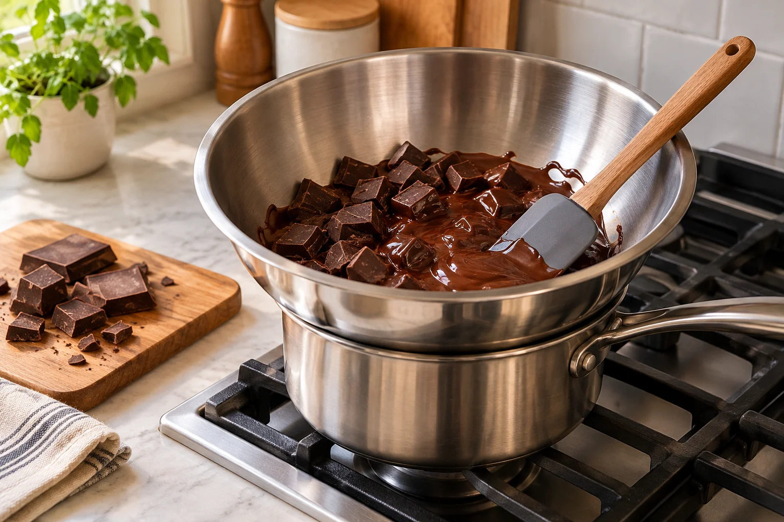 Chocolate picado derretendo em uma tigela apoiada sobre uma panela para banho-maria