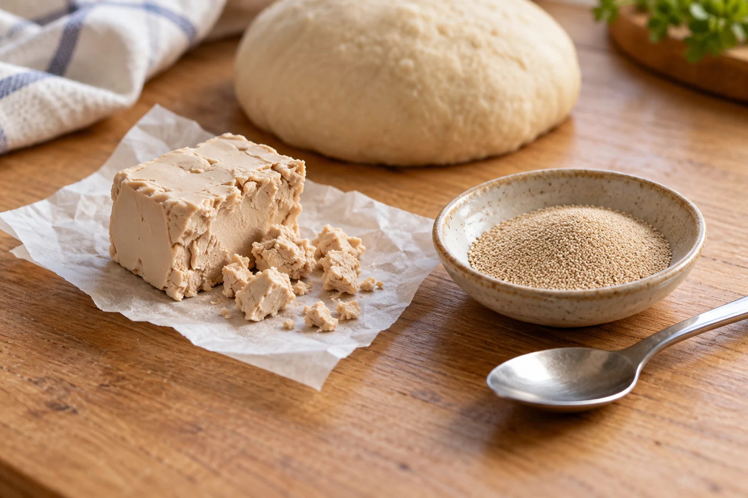 Bloco de fermento biológico fresco ao lado de uma tigela com grânulos de fermento seco, com massa de pão ao fundo.
