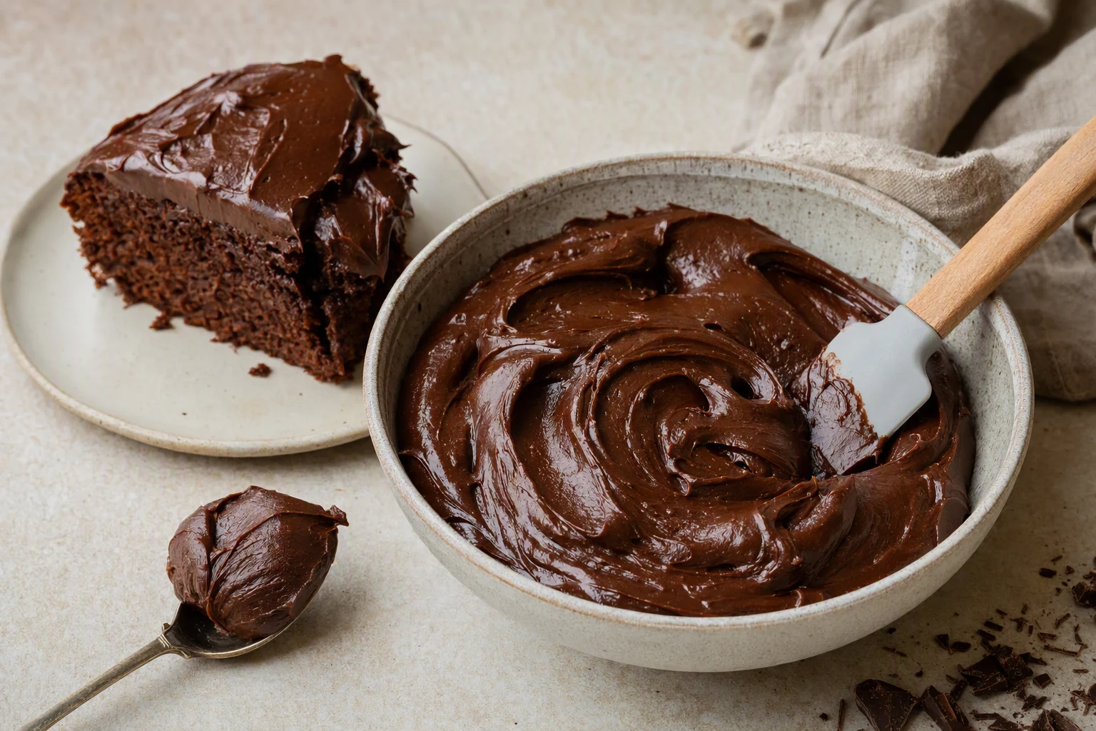Ganache de chocolate cremosa em uma tigela com espátula, ao lado de uma colher e uma fatia de bolo.