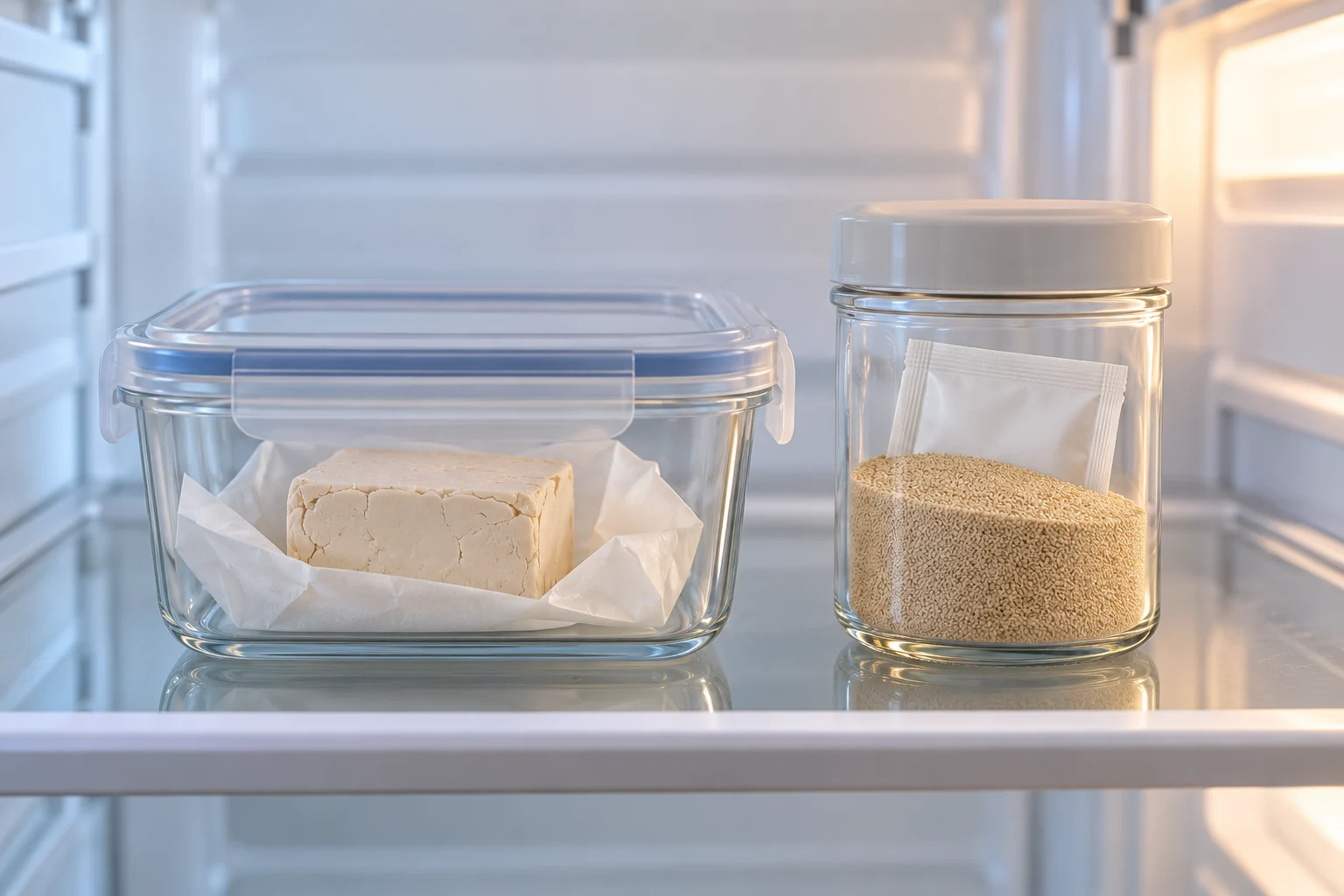 Fermento fresco protegido em recipiente fechado e fermento seco em pote com tampa, sobre uma prateleira interna da geladeira.