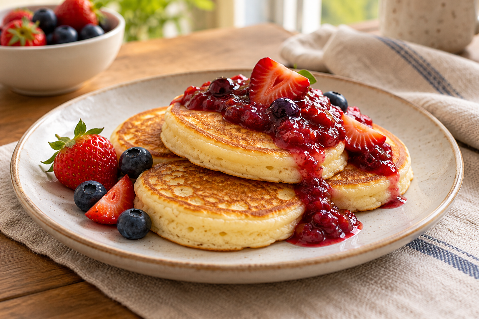 Panquecas americanas douradas com calda de frutas vermelhas, morangos e mirtilos